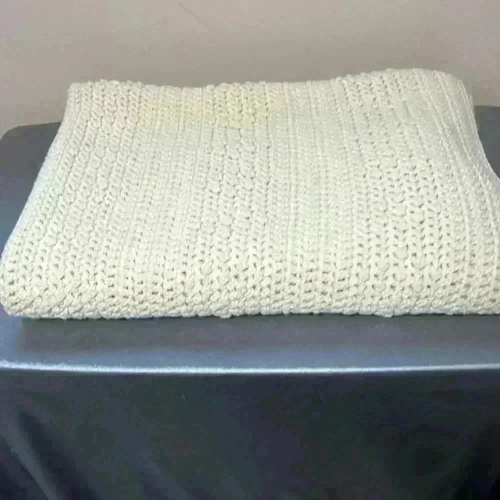 Vintage Off White/ Cream knitted blanket/throw